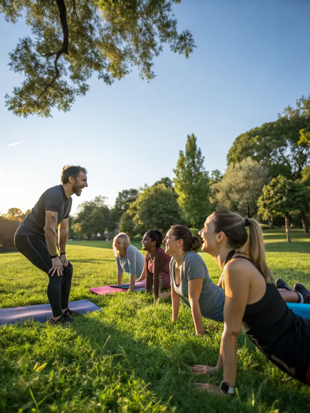 A facilitator guiding a group through a mindful movement exercise, promoting relaxation and stress reduction in a serene outdoor setting.