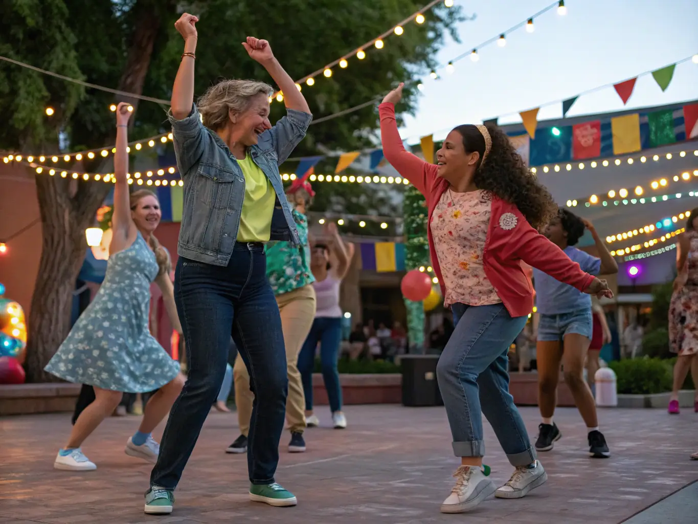 A dynamic image showing participants of various ages and backgrounds engaged in a collaborative dance workshop, expressing joy and connection through movement.