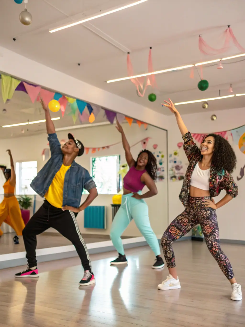 A group of diverse individuals participating in a dance workshop, expressing joy and connection through movement, set in a brightly lit studio with large windows.