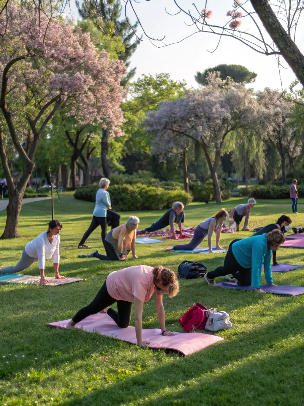 A group of people of different ages and backgrounds participating in a community-based movement activity in a park, highlighting the social connection and community enrichment aspects of MOVIMENTUM's programs.