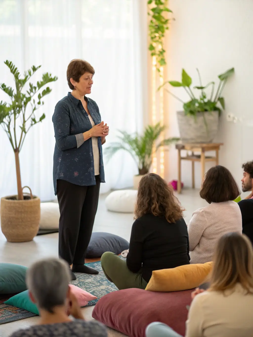 A facilitator guiding a group through a mindfulness exercise, focusing on breath and body awareness, emphasizing the well-being aspect of MOVIMENTUM's activities.