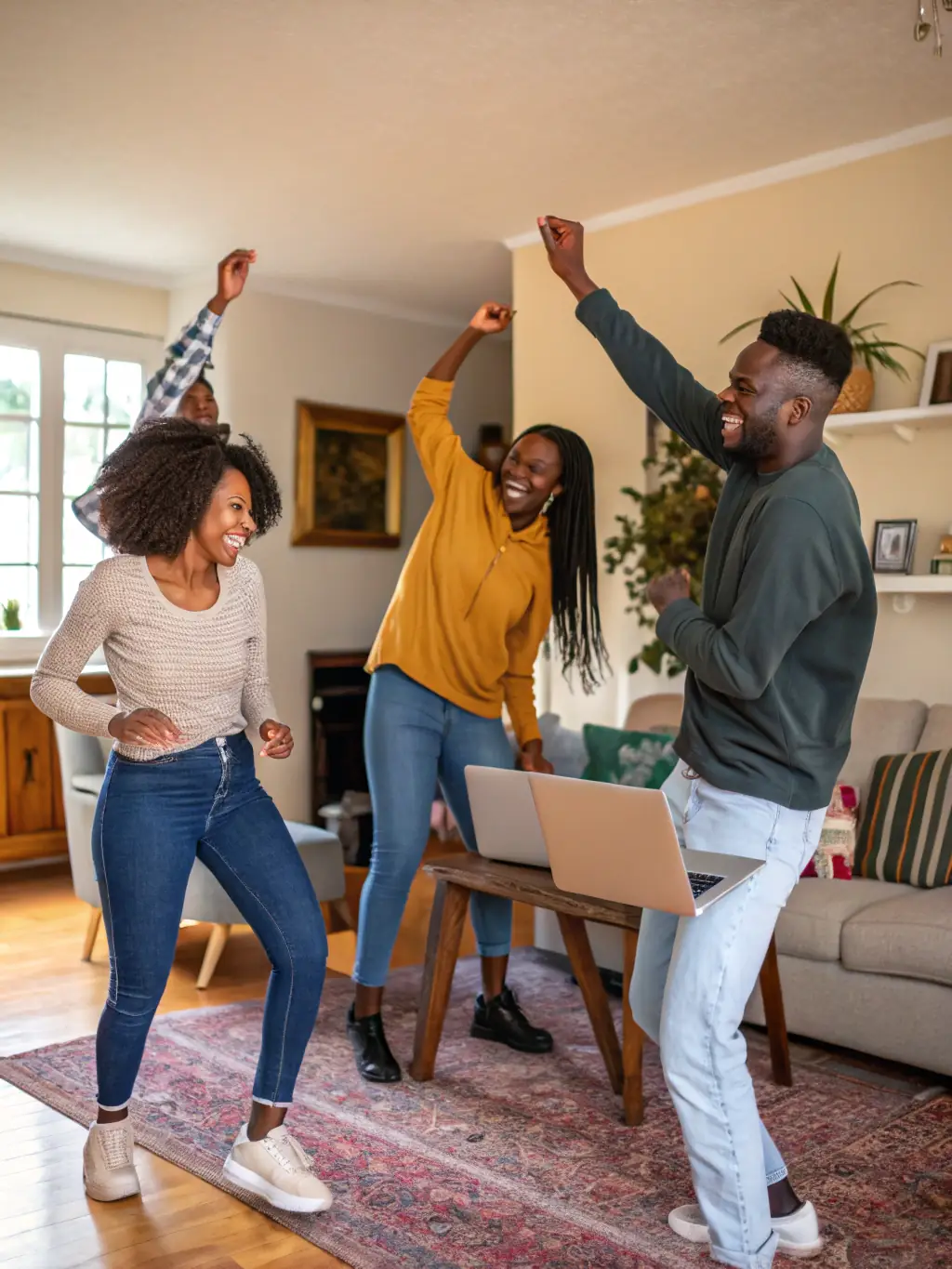 A group of diverse individuals participating in a dance workshop, moving freely and expressively in a brightly lit studio, showcasing the joy and inclusivity of MOVIMENTUM's movement programs.