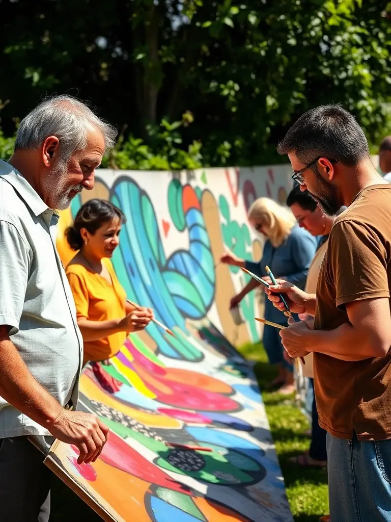 Participants engaged in a collaborative art project, using their bodies to create a large-scale mural, showcasing teamwork and artistic innovation.