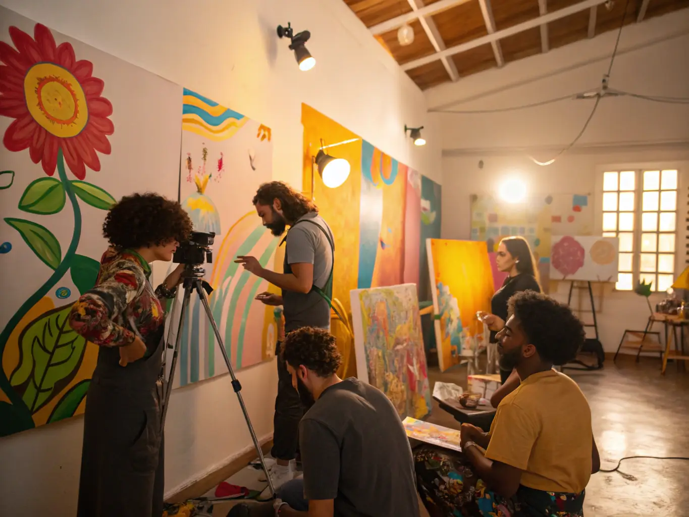A photograph capturing a group of individuals creating a large-scale collaborative art piece using body paint and movement, showcasing the fusion of art and physical expression.
