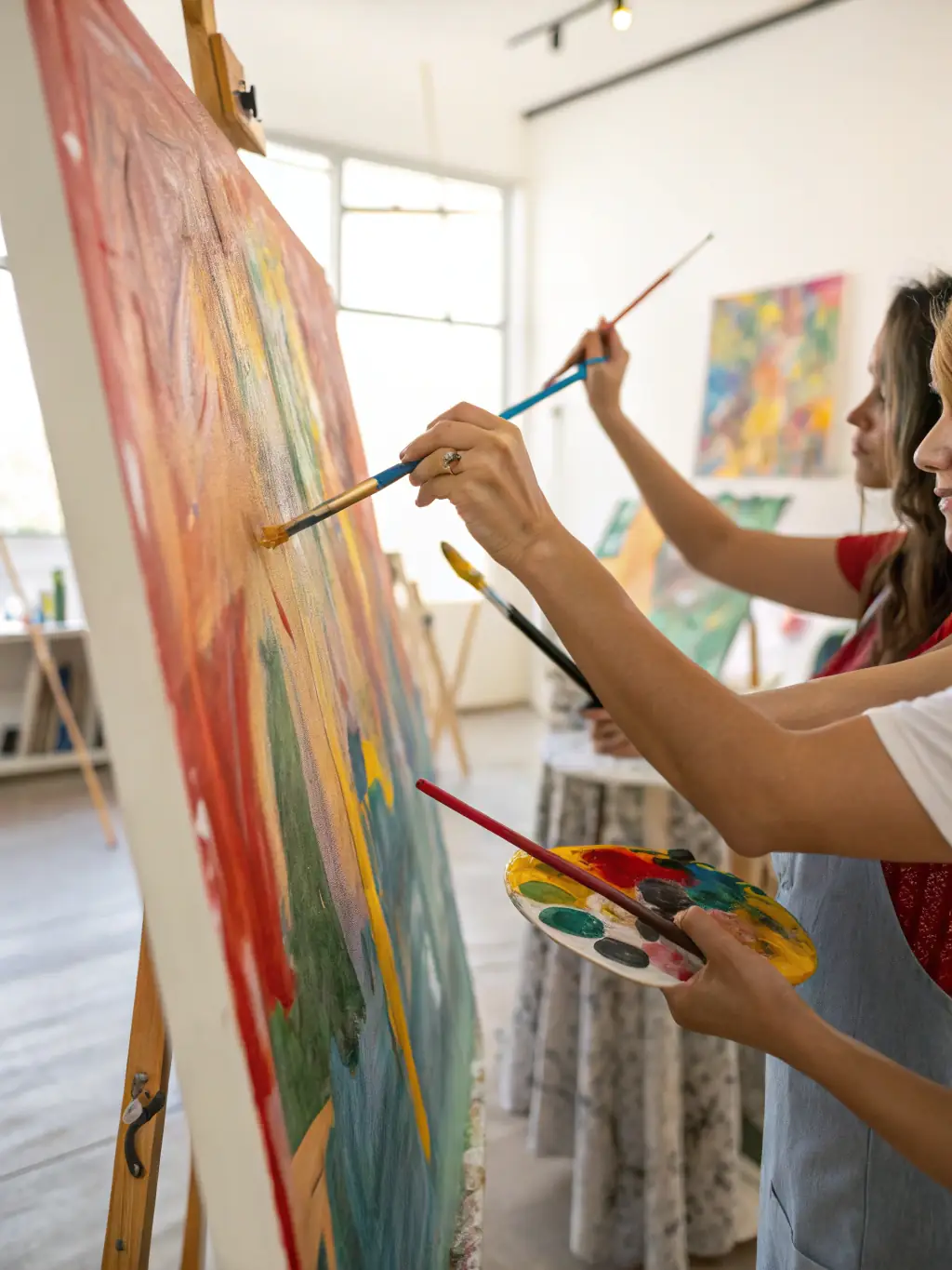 Participants engaged in a collaborative art project, using their bodies to create a large-scale painting on a canvas, demonstrating the integration of physical movement and artistic creation.